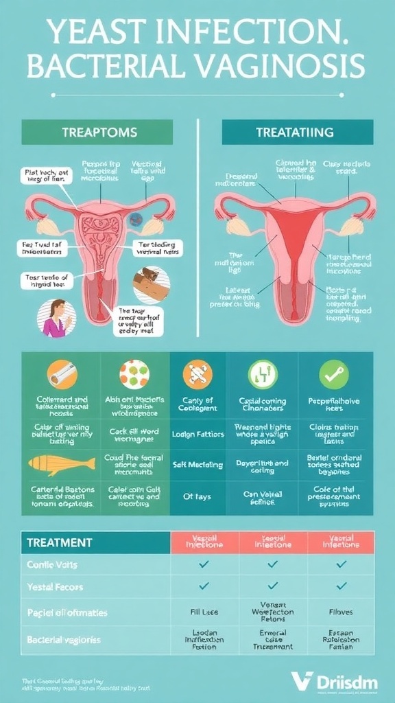 A comparison chart of yeast infections and bacterial vaginosis with illustrations and key information.